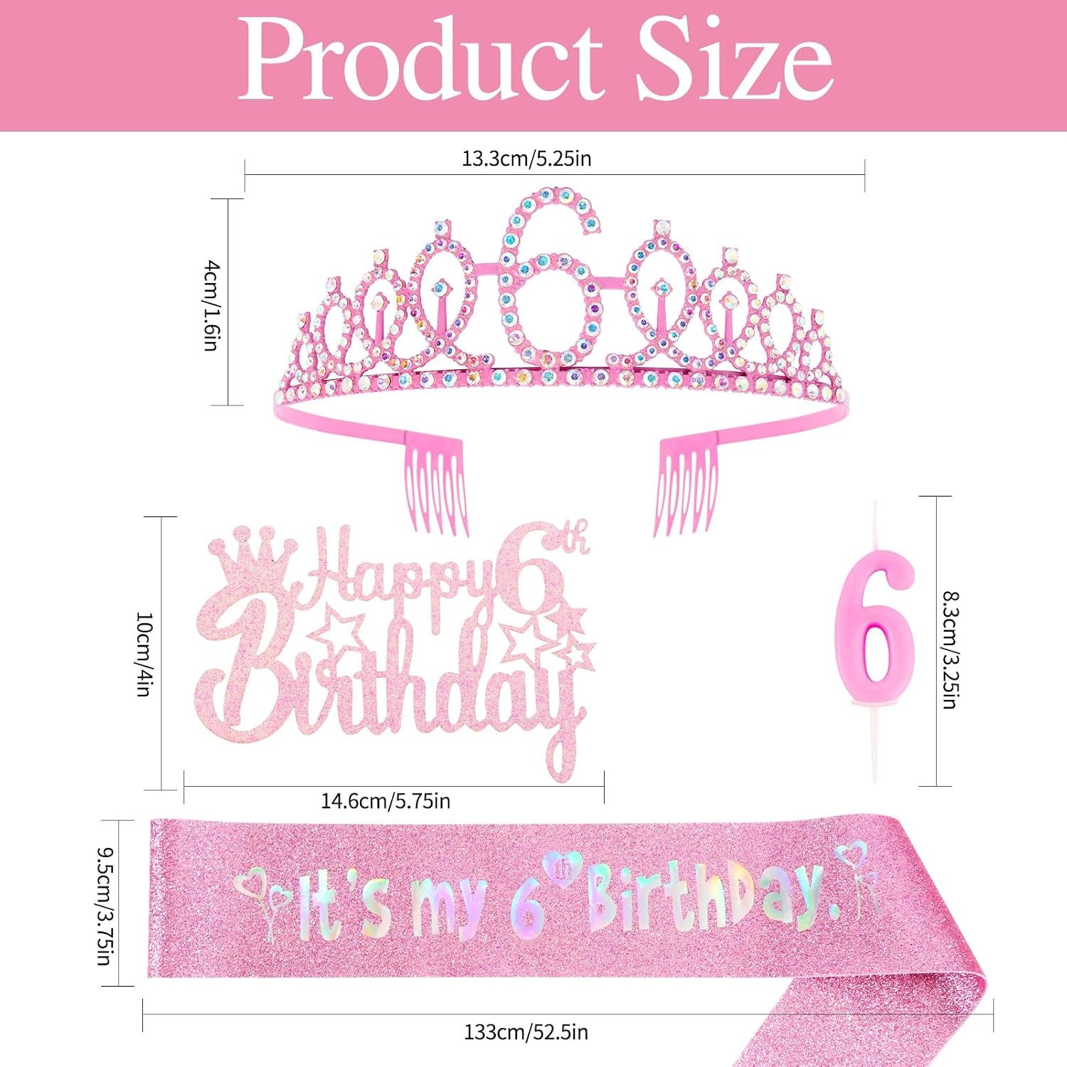 6th Birthday Party Decorations Set for Girls- Pink Crown, Glitter Sash, Number 6 Candle & Cake Topper Kit for Birthday Celebrations Party Supplies Gift