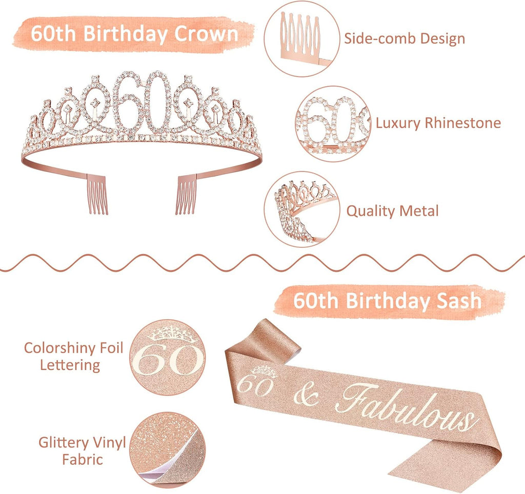 60th Birthday Decorations Gifts for Women Including Crown, Sash, Cake Topper, Candles and 12oz Wine or Coffee Tumbler Mug with Lid, Gifts for 60 Year Old Woman