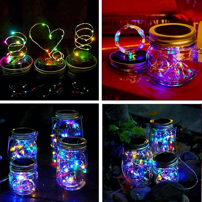 VOOKRY 12 Pack Solar Mason Jar Lights, 30 LED Mason Jar Lids Waterproof Firefly Fairy String Lights with 12 Hangers(No Jars), for Outdoor Patio Garden Yard Lawn Party Wedding Decoration - Multicolor