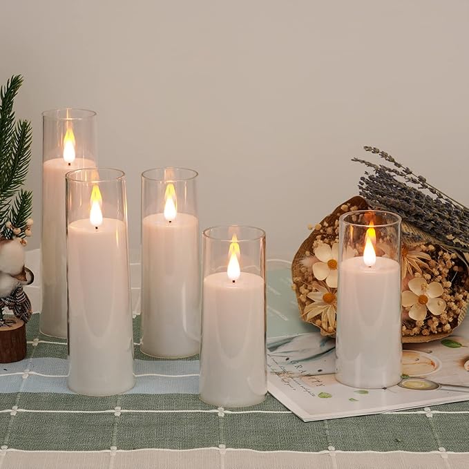 Amagic Pure White Flameless Candles, Battery Operated Candles, Acrylic Flickering LED Pillar Candles with Remote Control and Timer, 3D Wick, Yellow and Blue Glow, D2.2 xH5 5" 6" 7" 8", Set of 5