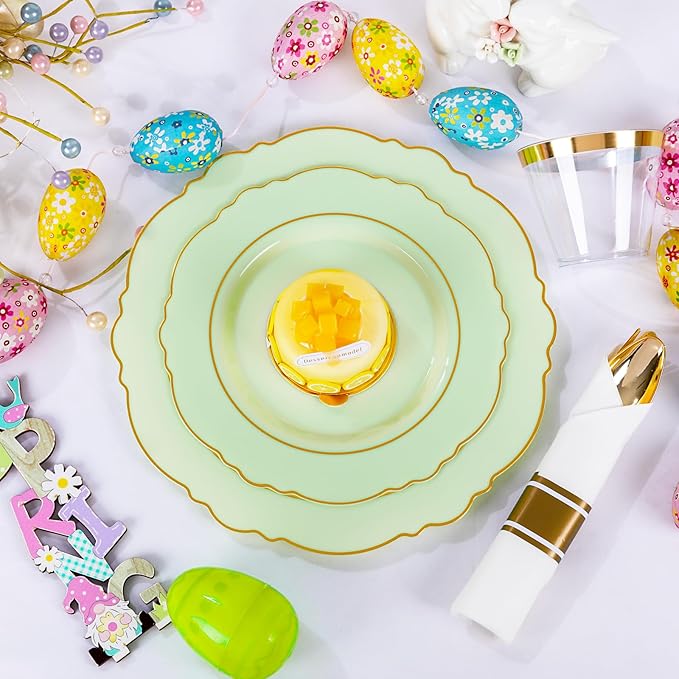 Liacere 350PCS Light Green Plates - Disposable Green and Gold Plastic Plates 50guest Baroque Dinnerware include 100Plates,50Pack Pre Rolled Napkins with Silverware 50Cups for Mother's Day