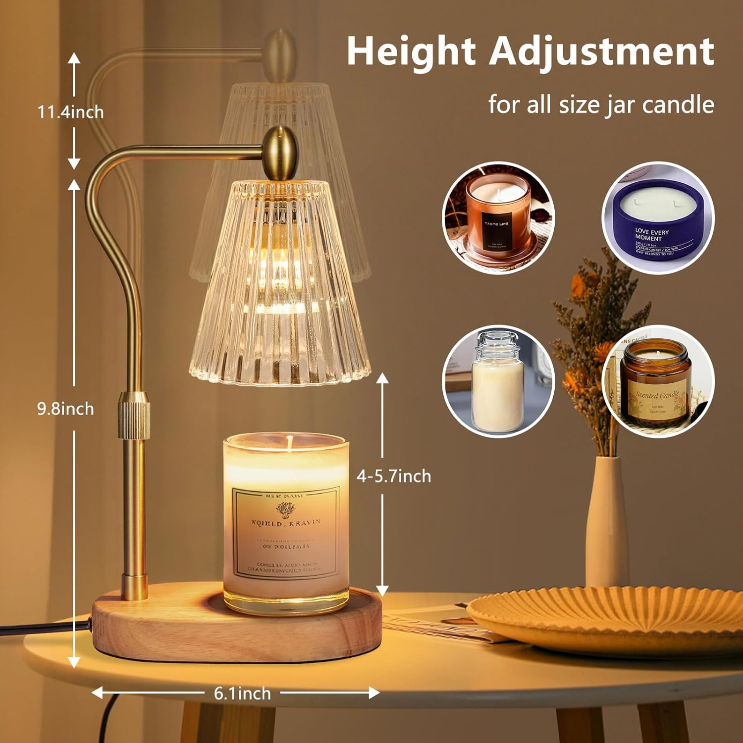 Engpure Candle Warmer Lamp - Candle Warmer Lamp with Timer and Dimmer Adjustable Height,Electric Wax Melt Warmer with 2 Bulbs for Scented Jar Candles Home Decor Mother's Day Gifts, Amber