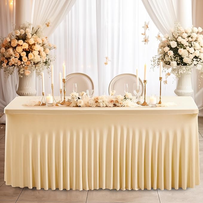 2 Pack Champagne Spandex Table Clothes for 4 Foot Rectangle Tables, 4FT Wrinkle Free Fitted Tablecloths Ruffles Design Table Cover for Party, Banquet, Wedding and Events