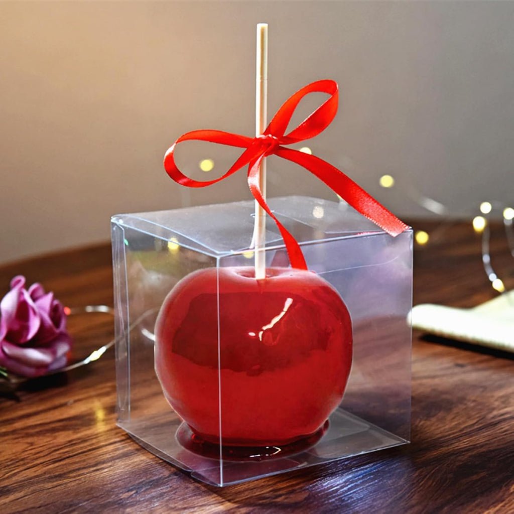 JOERSH 4"x 4"x 4" Candy Apple Boxes with Hole and Paper Doilies, 60 Sets | Clear Caramel Apples Boxes, Food Grade PET Plastic, For Standard and Large Apples, Chocolates, Treats