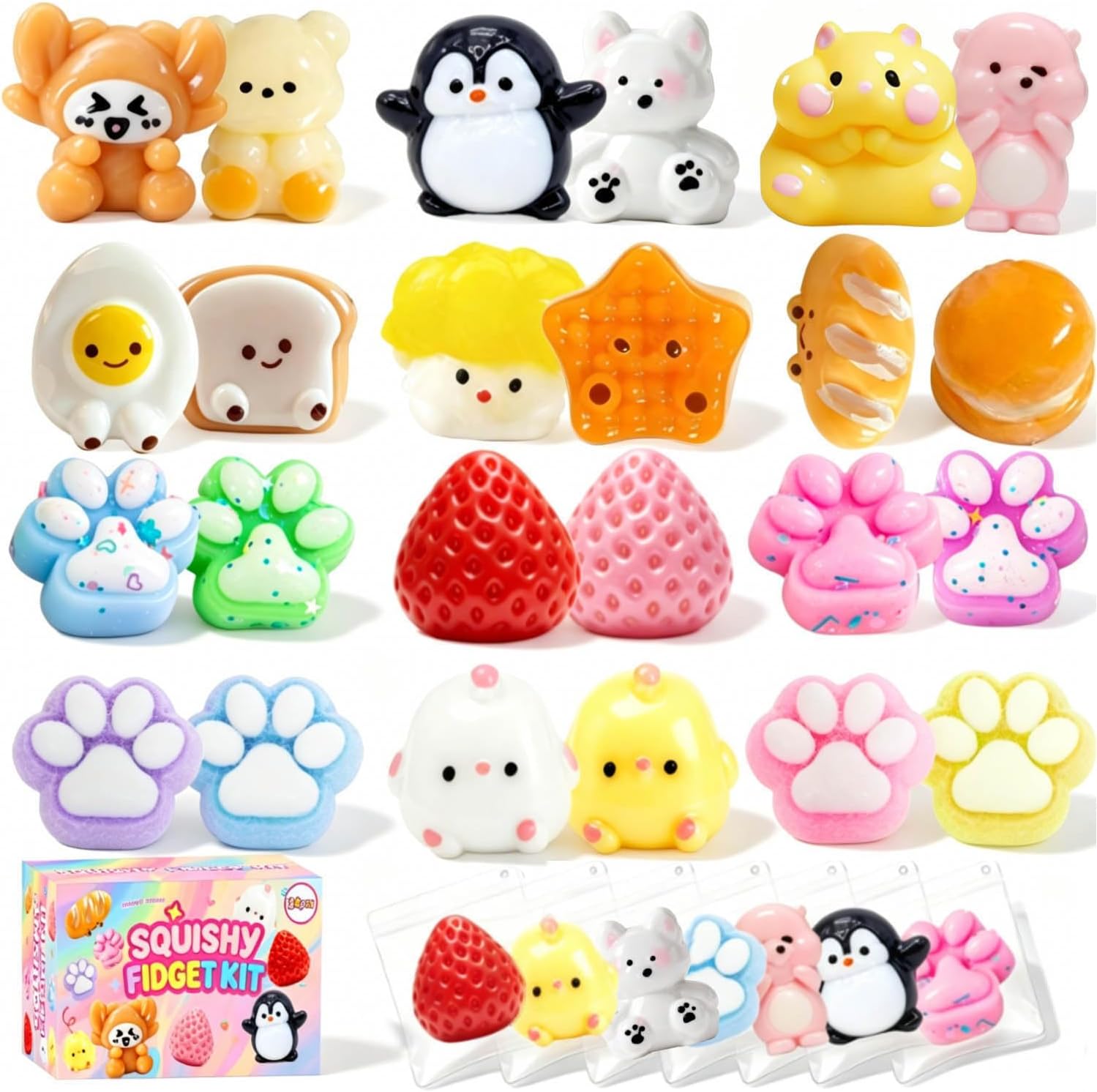 ZiZa 24Pcs Squishy Fun Box Toys Kit Set- Mini Taba Cheap Squishies Fidget Squeezee Toys Pack, Includ Animals, Strawberry, Cat Paw, Penguin, Hamster, Birthday Xmas Gift for Girls Kids