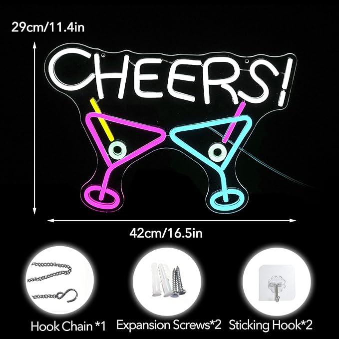 Cheers Neon Sign,Bar Cocktail Neon Sign for Wall Decor,USB Powered,Living Room,Game Room Decor,for Adult Boys Girls Bedroom Restaurant Hotel Party Birthday(16.5x11.5in)