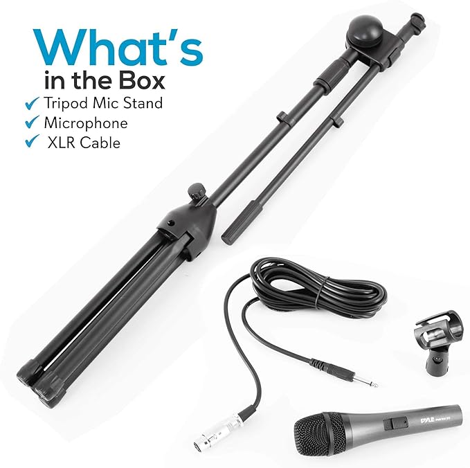 Pyle Dynamic Microphone and Tripod Stand-Height Adjustable from 2.6' to 5.1 Telescoping Boom Arm Mic Length 7.48'' Inch w/Acoustic Pop Filter-Includes 15' ft XLR Cable PMKSM20, Black