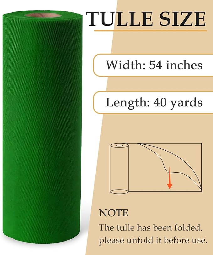 Green Tulle Fabric Roll, 54" x 40 Yards (120FT) Tulle for Christmas Gift Wrapping Wedding Decoration DIY Tutu Halloween Party Backdrop Baby Shower Table Skirts