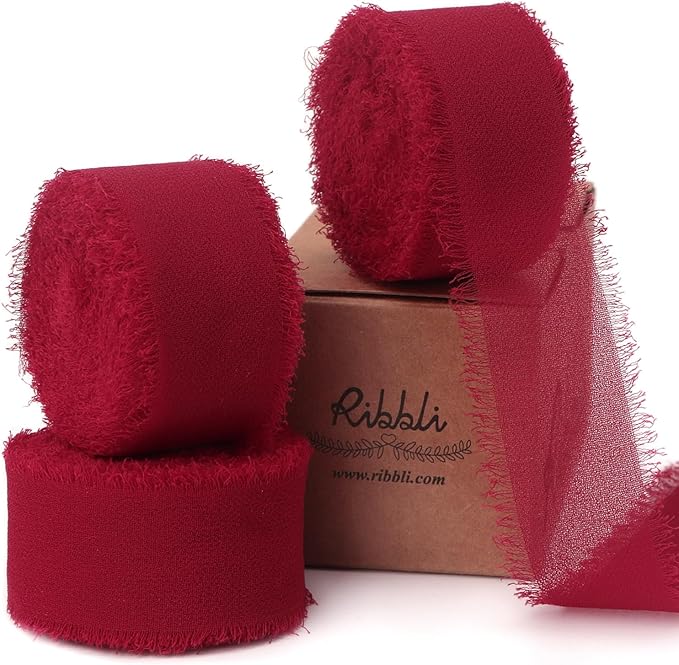 Ribbli Dark Red Ribbon 1 Inch x 3 Rolls Total 24 Yards Handmade Fringe Chiffon Silk Ribbon for Wrapping Wedding Invitations Bridal Bouquets DIY Crafts Home Decor