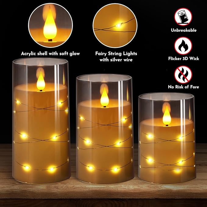 NURADA Flickering Flameless Candles: Built-in Star String Lights 3D Wick Acrylic Battery Operated LED Pillar Candles with Remote and Timer for Fall Halloween Christmas Home Decoration - 3 Pack Gray