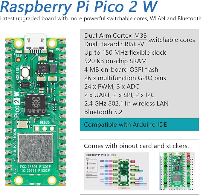Freenove Basic Starter Kit for Raspberry Pi Pico 2 W (Included), Dual Arm Cortex-M33 and Dual Hazard3 RISC-V Microcontroller, 386-Page Detailed Tutorial, 142 Items, 55 Projects, Python C Code