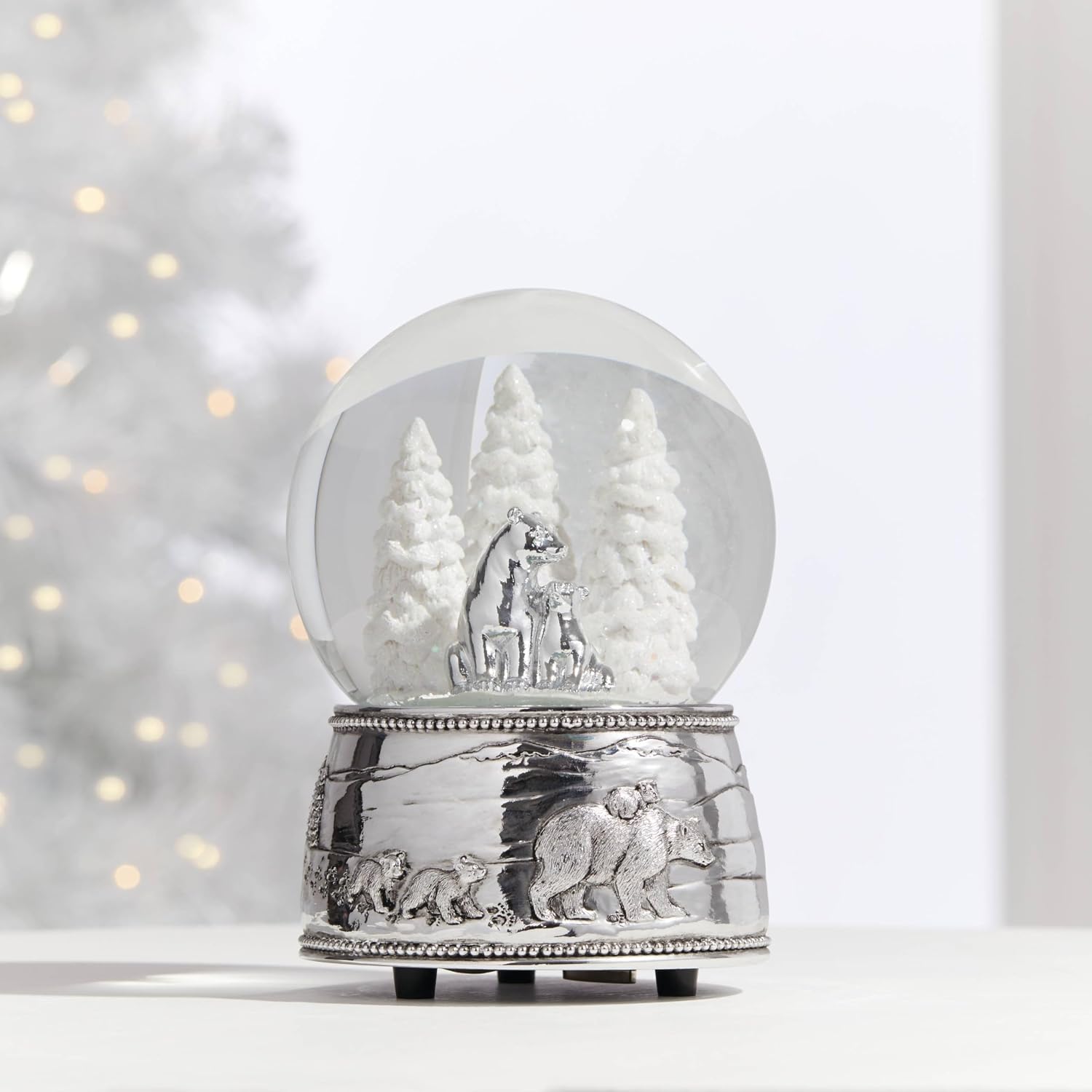 Reed And Barton Snow Globe, North Pole Bound Polar Bears Musical Snow Globe, Made From Resin & Glass, Silver-Plated Polar Bear, Plays Jingle Bell, Winter Decor, Christmas Decorations (Silver, 1 Piece)