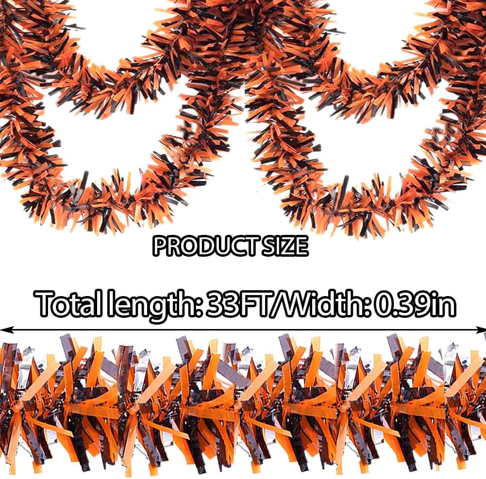 Halloween Tinsel Garland - 33 Ft Shiny Metallic Tree Garland Glitter Tinsel Hanging Twist Hanging Decorations for Halloween Party Holiday Supplies (Orange,Black)