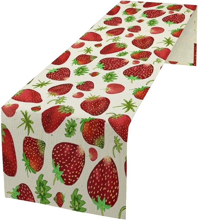 Strawberry Table Runner Spring Summer Fruit Wild Berry Forest Garden Dinner Runner for Girl Baby Shower Party Holiday Home Kitchen Dining Table Decor 13x120