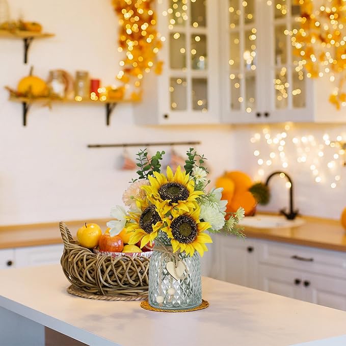 Artificial Sunflower Bouquets - Silk Fake Flowers with Vase, Centerpieces for Dining Room and Coffee Table Decor