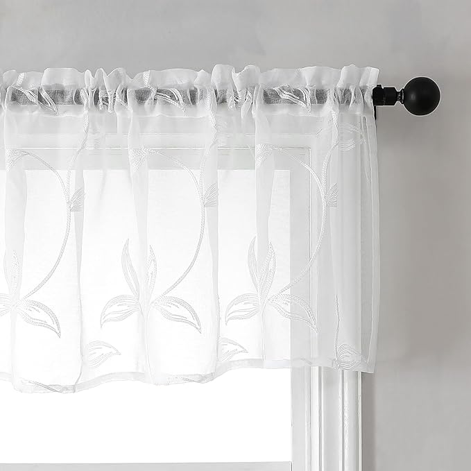 VISIONTEX Sheer Voile Curtain Valances, Decorative Leaves Embroidered, Rod Pocket Window Treatment for Kitchen/Rustic Bedroom/Living Room (54 x 16 Inch,1 Panel)