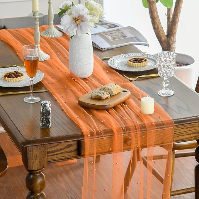 Artoid Mode Pearl Orange Gauze Table Runner 120 Inch 10FT, Seasonal Sheer Dining Holiday Wedding Birthday Baby Shower Table Decor for Home Party