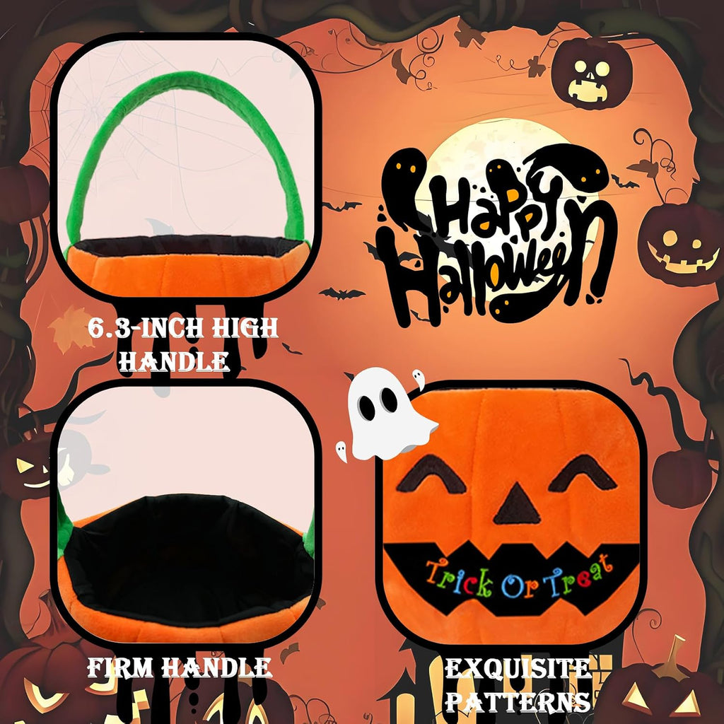 Set of 2pcs, Dia 11",Halloween Plush Pumpkin and Hulk Baskets Trick or Treat Bags Halloween Candy Bucket for Kids, Gift Bucket for Party Favor Supplies(Pumpkin&Hulk)