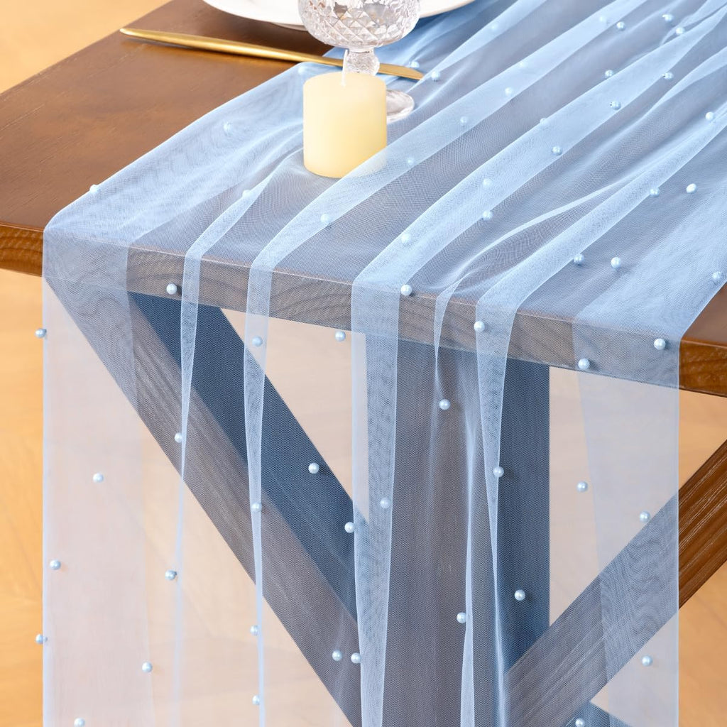 Socomi Pearl Table Runner Tulle Blue Summer Cheesecloth 10FT Gauze Cheese Cloth Sheer Chiffon Dining Wedding Birthday Party Baby Shower Bridal Anniversary Holiday Centerpiece Table Decor
