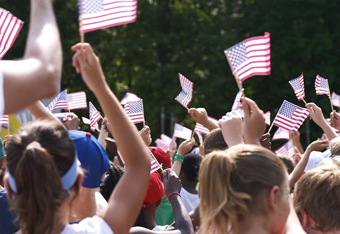 100pcs Small American Flags on Stick, Handheld 8 x 12 Inchs Mini American Flags with Kid-Safe Golden Spear Top, US Flags for 4th of July Decorations Outdoor, Independence Day Decorations