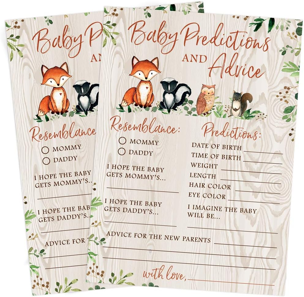 Printed Party Baby Predictions & Advice for New Parents – Woodland Baby Shower Activity, Set of 50 Cards, Gender Neutral Forest Animals Theme