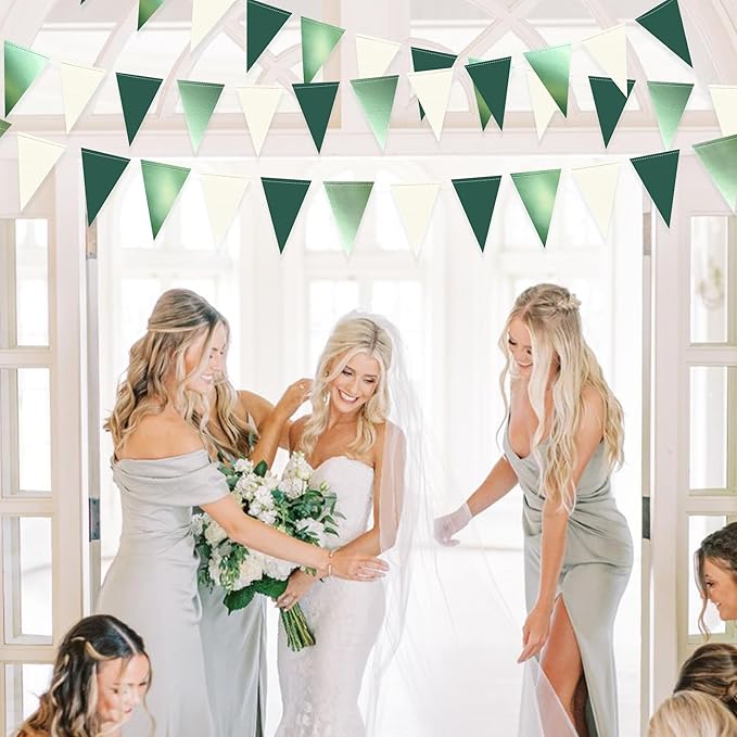 Sage Green Decorations Hanging Paper Pennant Banner Flag Green Beige Triangle Bunting Garland for Birthday Baby Shower Wedding Engagement Neutral Safari Wild One Woodland Jungle Theme Party Supplies