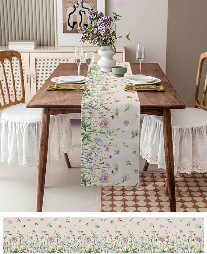 Vintage Wildflowers Cotton Linen Table Runner for Dining Kitchen, Wedding Outdoor Party Tablerunners Decoration, Farm Floral Pink Botanical Plants Dresser Scarf Coffee Tablecloth Runners 13x108 Inches