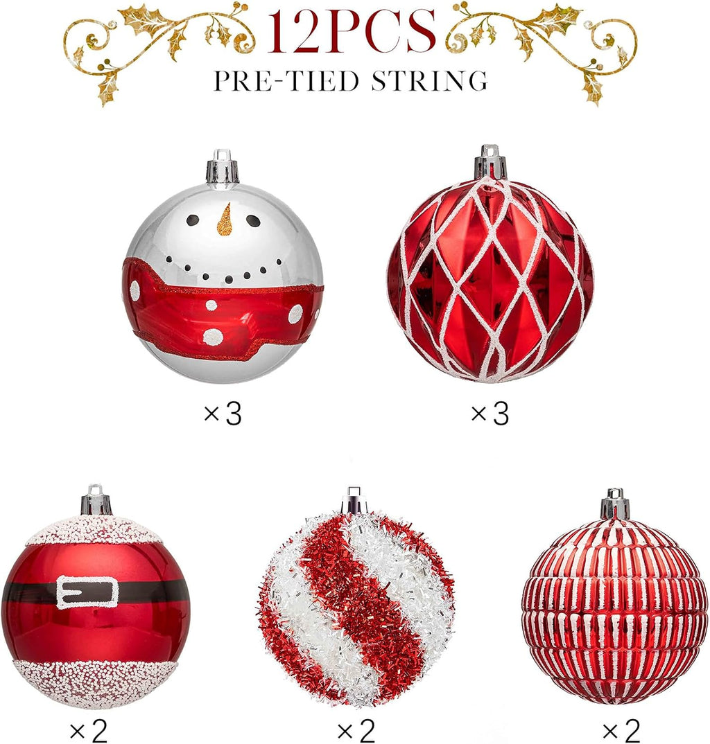 JORNOY Christmas Tree Ornaments Set of 12, 3.15inch/80MM Shatterproof Plastic Xmas Tree Ball Ornaments Bulk Decorative Hanging Baubles for Xmas Tree Decor Holiday Party Decorations, Red & White
