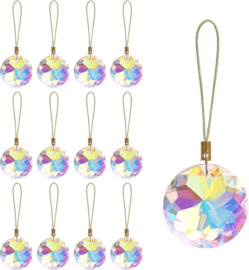 12 Pcs Crystal Glass Christmas Balls Ornaments, 1.18″ Mini Round Prism Flower Xmas Tree Decorations, Hanging Ornament for Wedding Party Home Decor (Crystal AB)