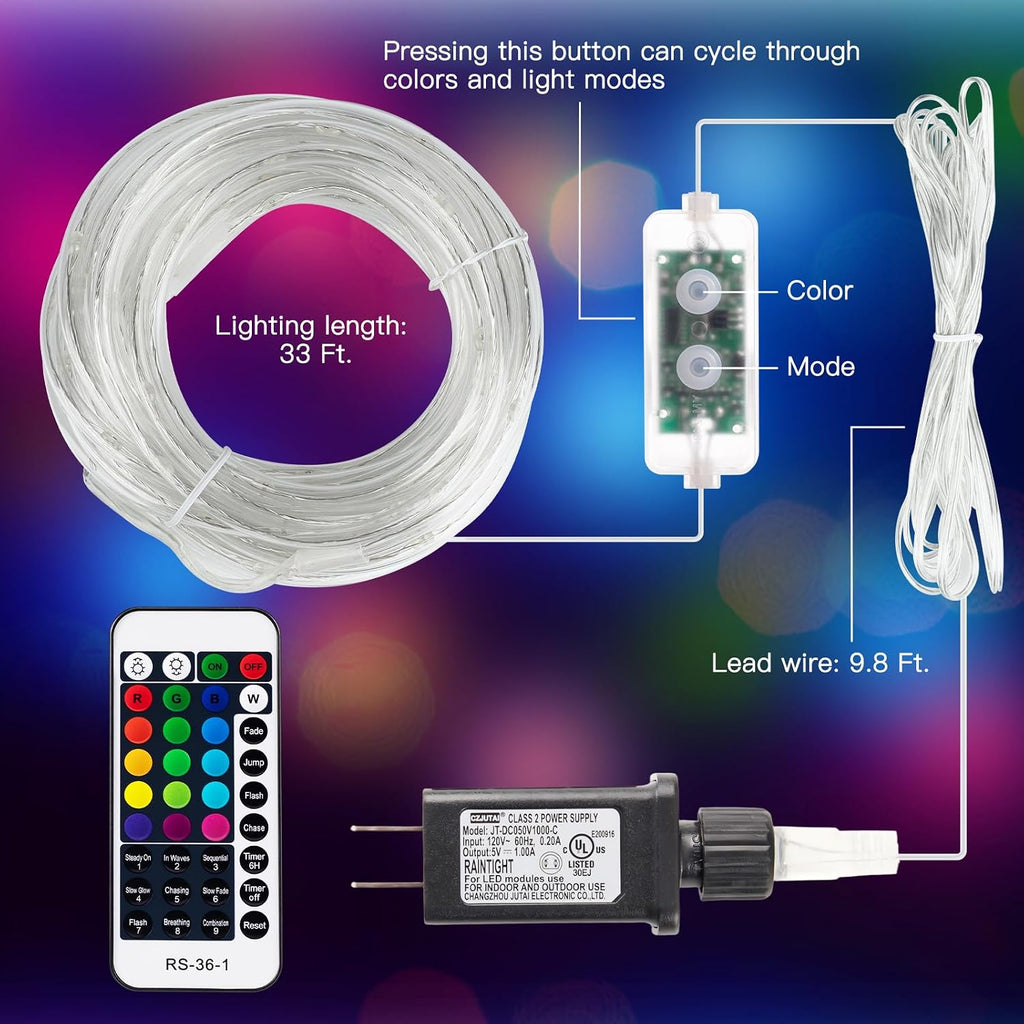 Minetom Color Changing Rope Lights Outdoor, 33FT 100 LED String Lights with Plug & Remote, Waterproof Christmas Light Outdoor Decoration, Twinkle LED Rope Light for Outside Indoor Bedroom,16 Colors