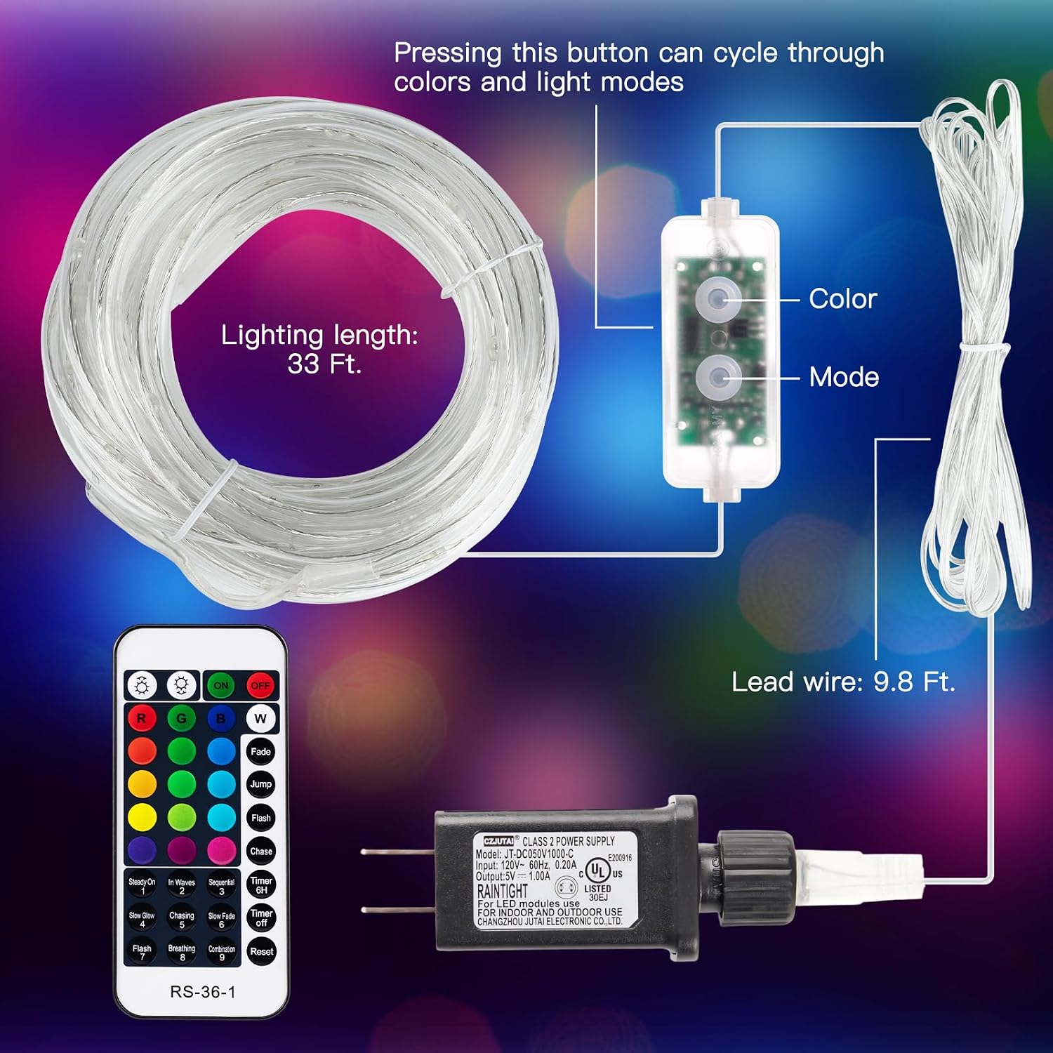 Minetom Color Changing Rope Lights Outdoor, 33FT 100 LED String Lights with Plug & Remote, Waterproof Christmas Light Outdoor Decoration, Twinkle LED Rope Light for Outside Indoor Bedroom,16 Colors