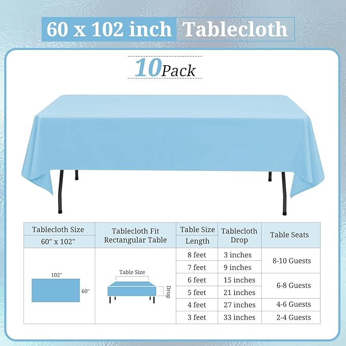 10 Pack Light Blue Tablecloths for 6 Foot Rectangle Tables 60 x 102 Inch - 6ft Rectangular Bulk Polyester Fabric Table Clothes for Wedding Buffet Party Banquet Reception Restaurant and Camping