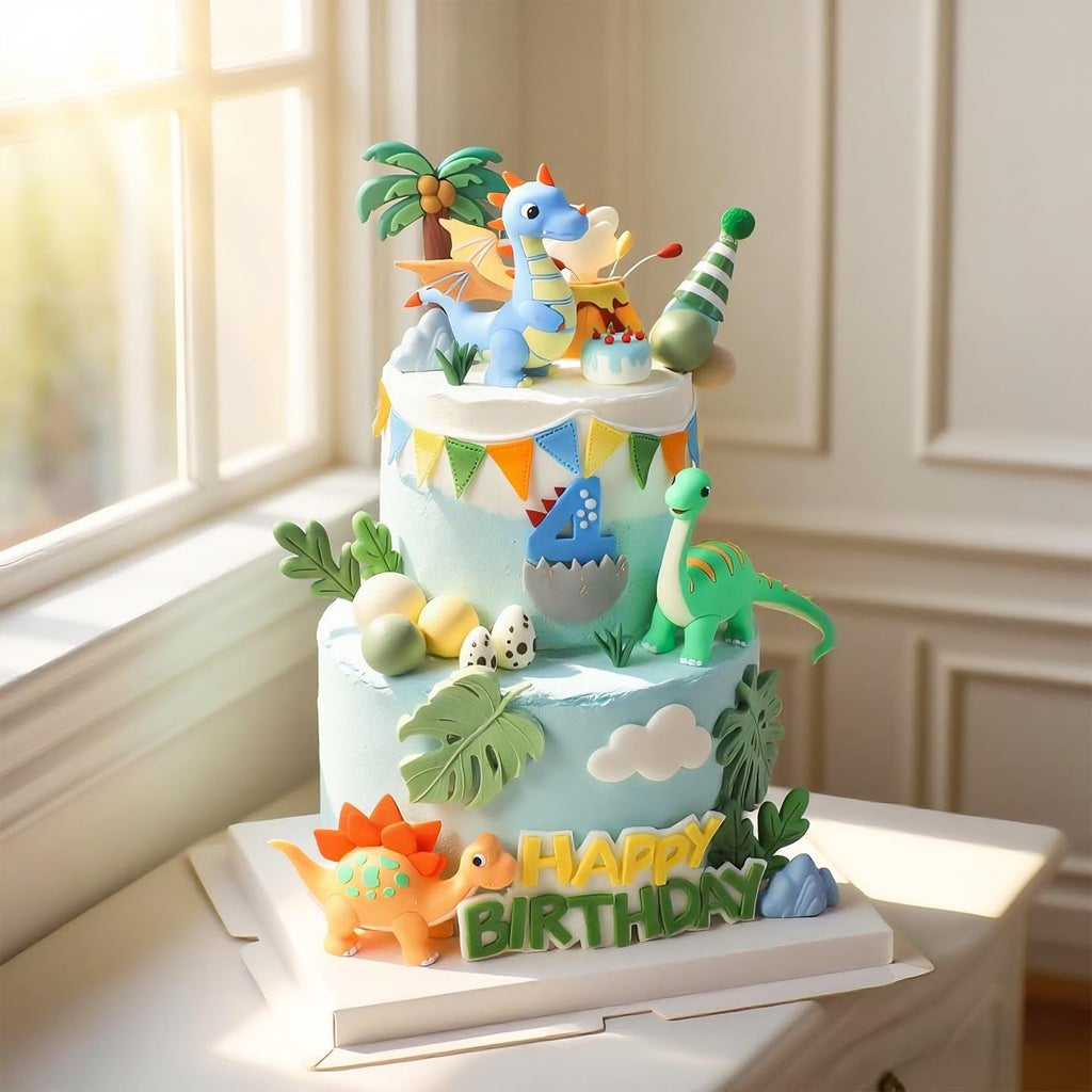 Dinosaur Cake Topper Dino Cake Decorations for kids Birthday Party Supplies | 12PCS 3D Dinosaur Cake Topper With Colorful Silicone Dinosaurs,Dinosaur Eggs,Grass,Trees,Happy Birthday