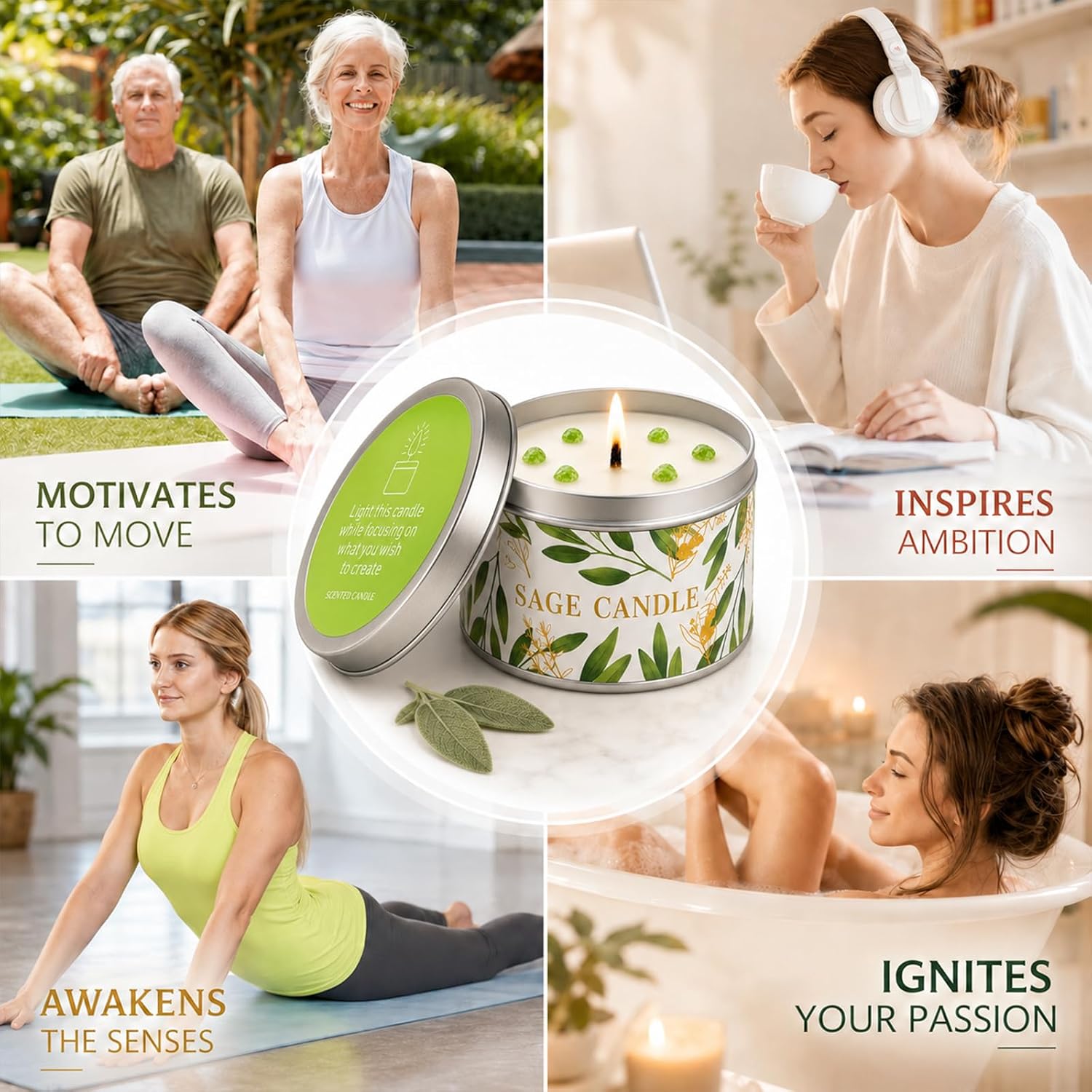 Sage Candles Gift Set, 4 Pack Natural Soy Wax White Sage Smudge Kit with Healing Crystals, House Cleansing & Negative Energy, Spiritual Meditation & Aromatherapy, Housewarming Birthday Self Care Gifts