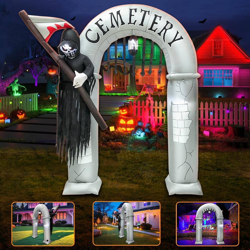 8FT Halloween Inflatables Archway Decoration with Led Light Spooky Scary Hall...