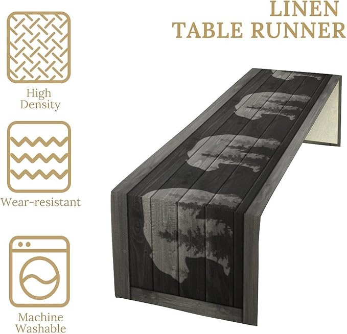 Rustic Country Bear Table Runner, Black Wood Wooden Cabin Wild Animals Hunting Table Cloth for Home Kitchen Dining Table Runner 13x36 Inch