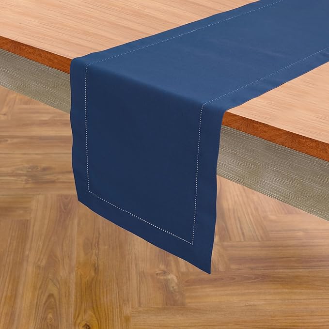 Solino Home Table Runner 108 Inches Long - Cotton Linen Hemstitch Lapis Blue Table Runner 14 x 108 Inch for Fall, Autumn