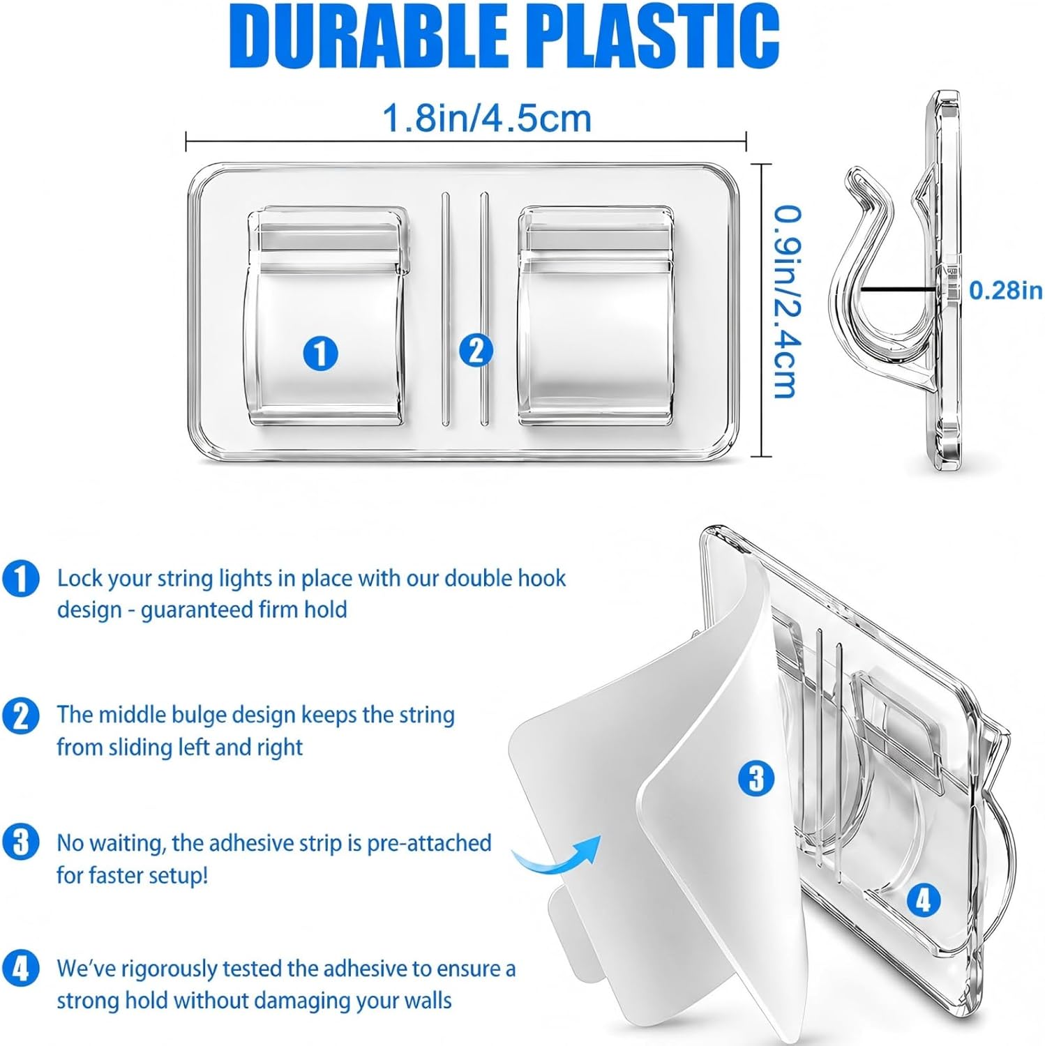 Keviyi Hooks for Outdoor String Lights Clips: 26Pcs Double Hooks for Hanging - Heavy Duty Clear Cable Clips with Waterproof Adhesive Strips - Outside Sticky Hooks No Drill