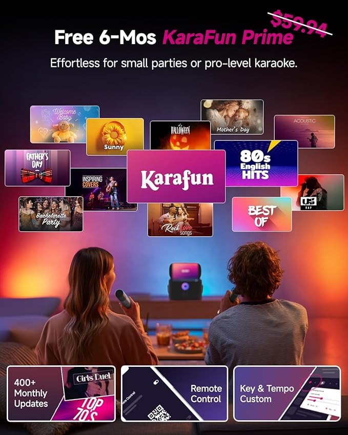 Ikarao Portable Karaoke Machine for Adults, Built-in Lyrics Display and Screen, 2 Self-Charging Wireless Microphones, Karaoke App, 140W Speaker, Connects to TV for Home Party Birthday Outdoor Camping