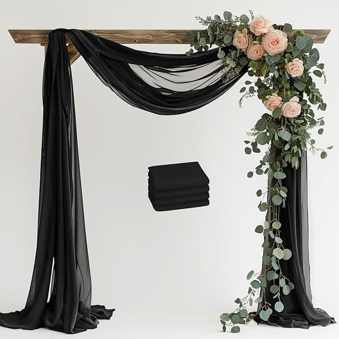 Wedding Arch Draping Fabric 4 Panels 28.7" x 20FT Black Sheer Chiffon Backdrop Drapes for Wedding Ceremony Birthday Party Bridal Shower Outdoor Decoration