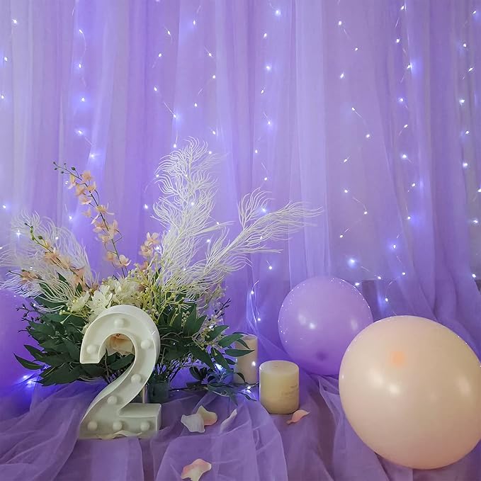 Lavender Sheer Backdrop Curtain with Led Lights for Baby Shower Girls Wedding10ft X 10ft Lavender Tulle Backdrop Curtain for Bridal Shower Birthday Party Photoshoot Arch Background Decorations