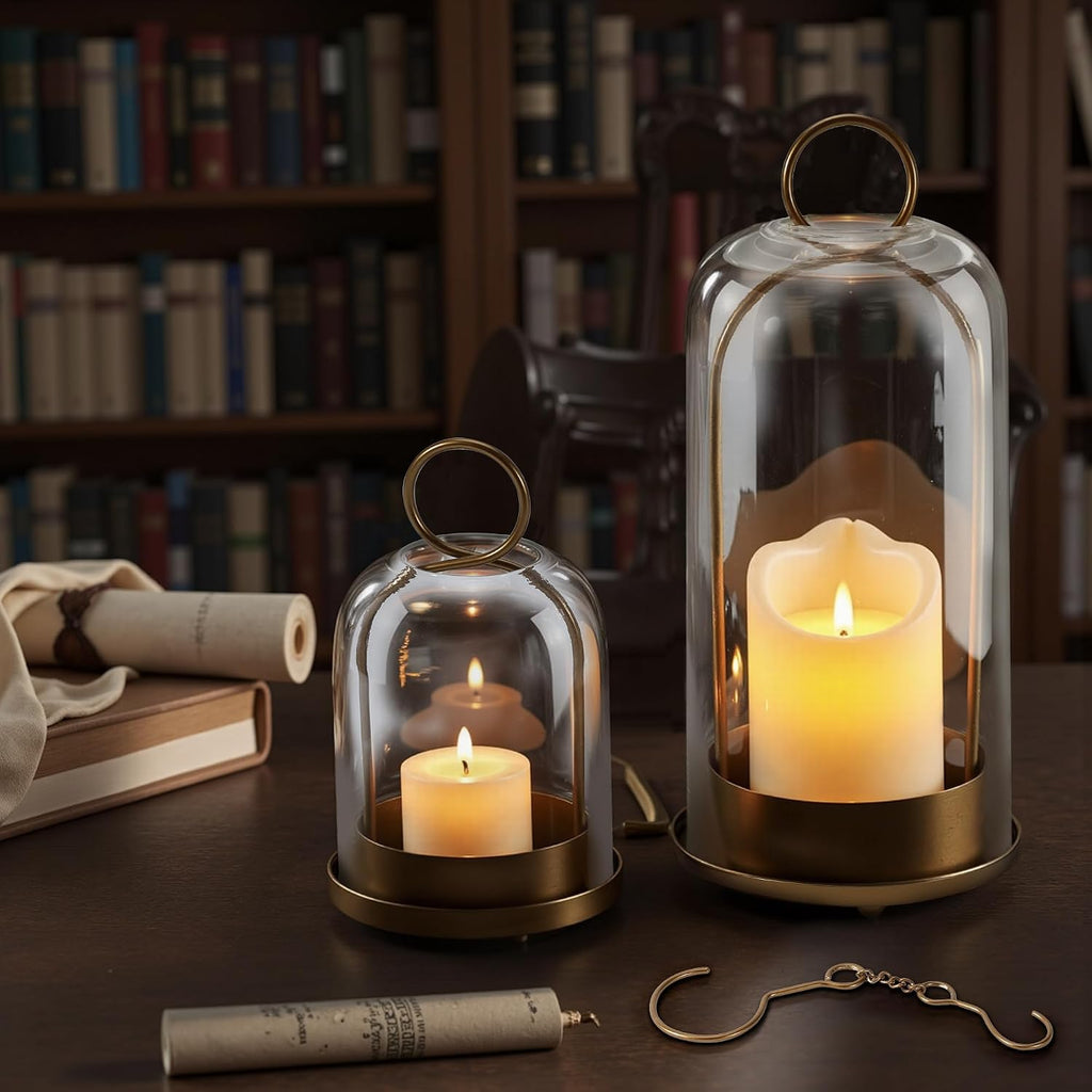 Hurricane Glass Candle Holders, Large & Medium Brass Lanterns Hurricane Candlestick Holder for Pillar Candles Vintage, Gold Metal Rustic Farmhouse Decor with Hook Chains