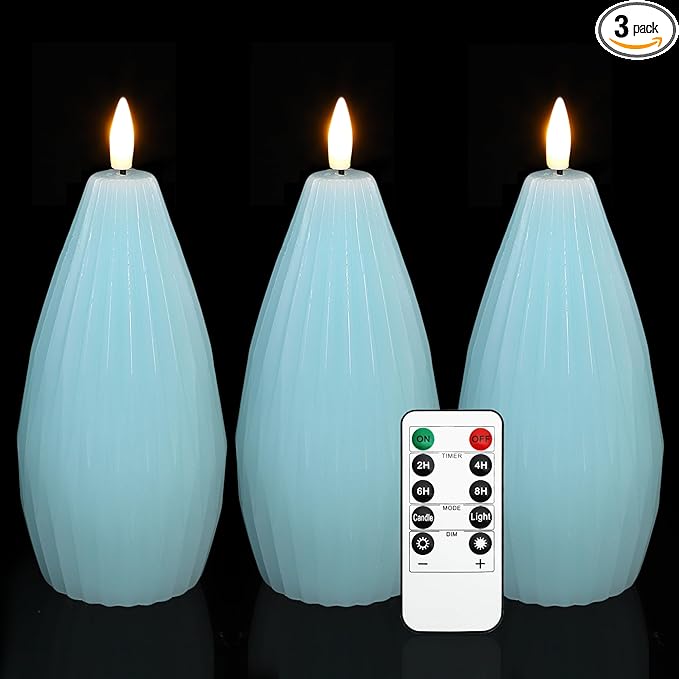 Silverstro Ocean Flameless Candles Remote Irregular Polygon Ribbed Design Real Wax Flicker Battery Operated Candles for Home Party Wedding Thanksgiving Christmas Nautical Decor - Set of 3(Blue)