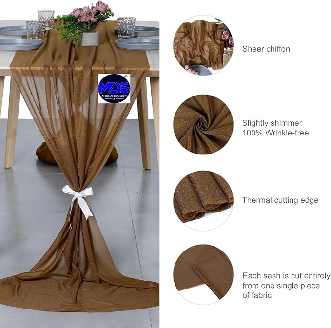 MDS 20 Pack 10ft Chiffon Table Runner 29 x 120 Inches Sheer Wedding Runner Romantic Rustic Table Runner for Wedding Decorations, Birthday Parties, Bridal Shower Party Arch Decor - Mocha