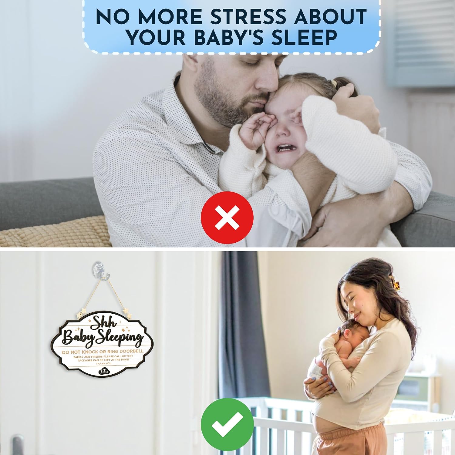 Woodamore Shhh Baby Sleeping Sign for Front Door - Please Do Not Knock Or Ring Doorbell Sign, Baby Sleeping Door Sign, No Knocking Door Sign, No Soliciting Do Not Knock Sign