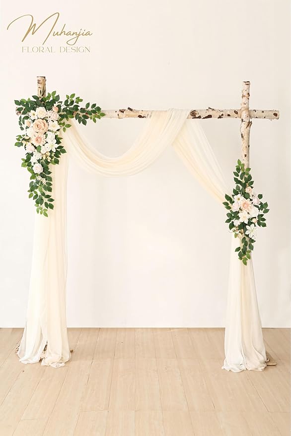 Artificial Wedding Arch Flowers Kit(Pack of 4),2Pcs Artificial Flower Arch Decor, 2Pcs Chiffon Fabric Drapes, Ceremony Decoration, Floral Outdoor Party Decor (Champagne & Cream)