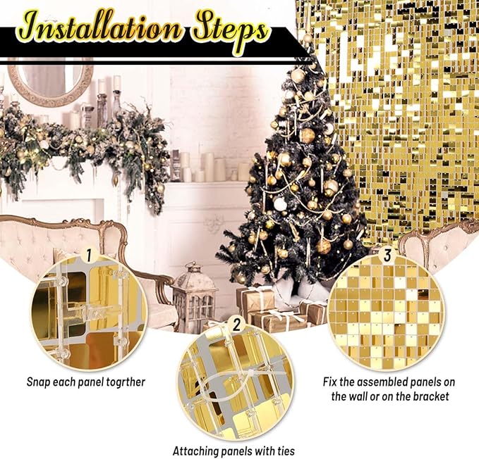 Kate Square Light Gold Sequin Wall Panels Shimmer Wall Birthday Party Backdrop Decorations (Pack of 12)