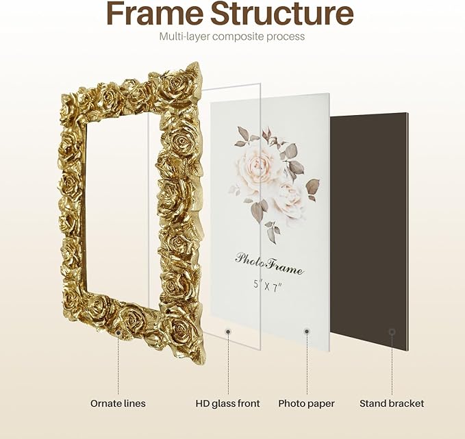 Cuspin Vintage Gold 5x7 Picture Frame, Gold Ornate Rose Flower Resin Photo Frame with Glass Front for Tabletop, Antique Picture Frames Photo Gallery for Home Office Decor