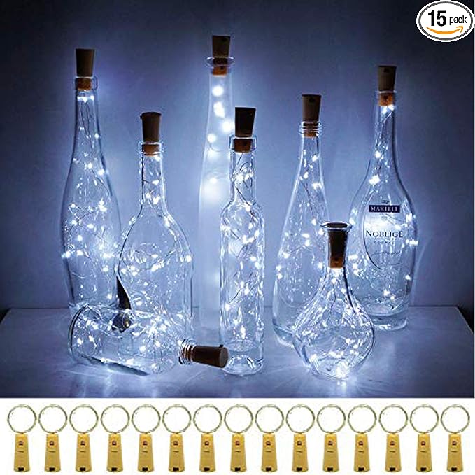 20 LED Wine Bottle Lights with Cork, 15 Pack Battery Operated Cork Shape Fairy Light Waterproof Mini Copper Silver Wire String Lights for Party, Wedding, Christmas, Bedroom Decor (Cold White)