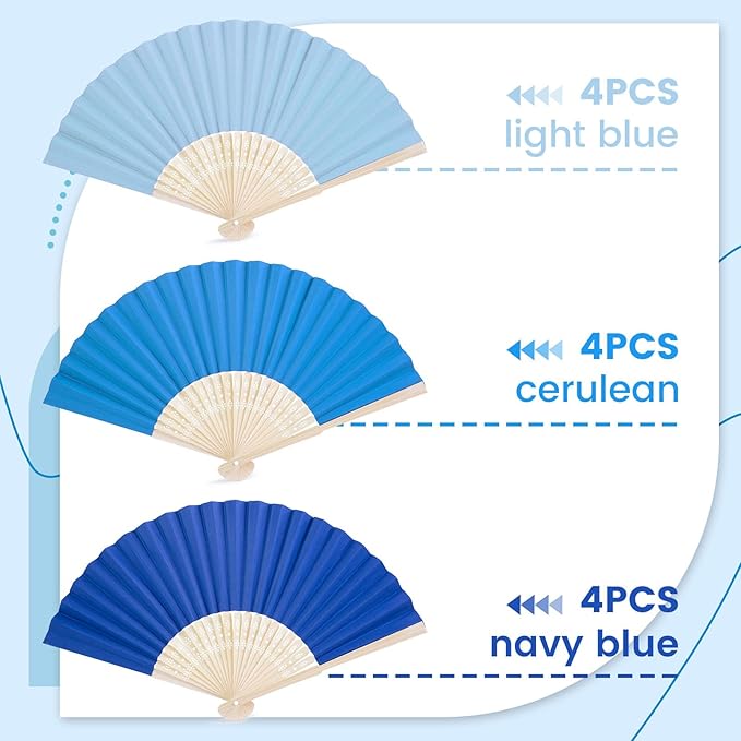 JOHOUSE 12Pcs Blue Paper Folding Hand Fans, 8.3 Inch Handheld Portable Decorative Fans for Wedding, Outdoor Party Favors, Baby Shower Decorations DIY Crafts Photography Prop